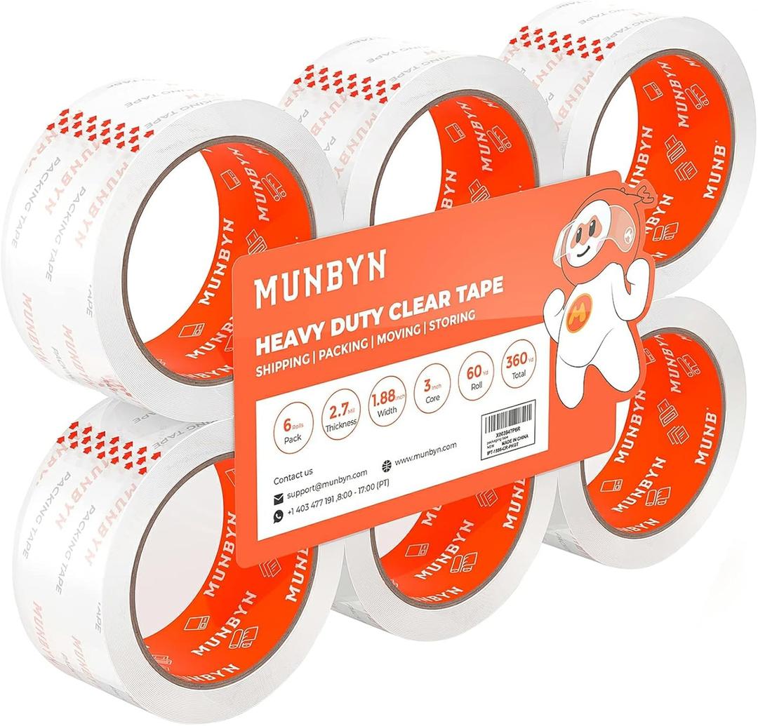 MUNBYN Packing Tape, Heavy Duty Shipping Tape with Total 360 Yards, 2.7mil, 1.88" *60 Yard(Per Rolls) Great for Shipping Packing Moving Mailing Office Storage, Clear Tape Refill for Dispenser