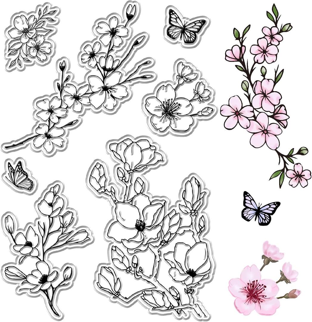 CRASPIRE Cherry Blossom Butterfly Clear Rubber Stamps Spring Flowers Floral Reusable Transparent Silicone Stamp Seals Vintage for Journaling Card Making Decor DIY Scrapbooking Supplies Film Frame