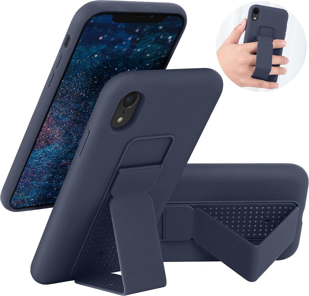 LAUDTEC Silicone Kickstand Case Compatible with iPhone XR, Vertical and Horizontal Stand Hand Strap Metal Kickstand Cover, Flexible Soft Liquid Silicone Stand Case for iPhone XR (Blue)