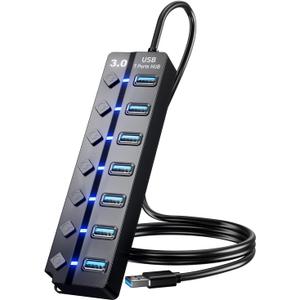 USB 3.0 Hub, PANPEO 7-Port USB Data Hub Splitter with 3ft Long Cable USB Extension for Laptop, PC Computer, Surface Pro, PS4/5, Flash Drive, Mobile HDD - with LED Individual On/Off