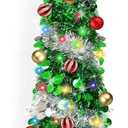 5FT Pop Up Christmas Tree with Timer 60 Warm White & Multi Color Fairy Light 3D Star 15 Ball Ornament, Green Sliver Tinsel Christmas Tree Slim Pencil Xmas Tree Home Office Holiday Decor Indoor Outdoor