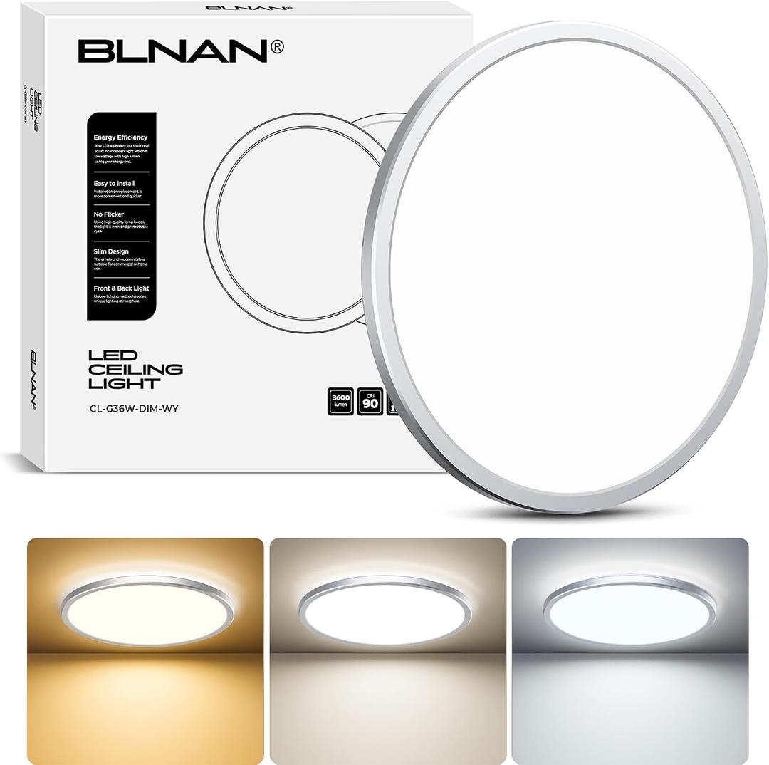 BLNAN 15.4 Inch LED Flush Mount Ceiling Light, 3000K-5000K 3 Color Selectable Ceiling Lights, 36W 3600LM Closet Light Fixture, Ceiling Lamp for Bedroom, Dining Room, Kitchen, Silver
