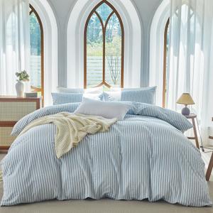 Striped Duvet Cover Set Full Size 3 Pcs 100% Washed Cotton Linen Like Textured Natural Wrinkle Comfy Breathable (Full, Classic Stripe-Light Blue/White)
