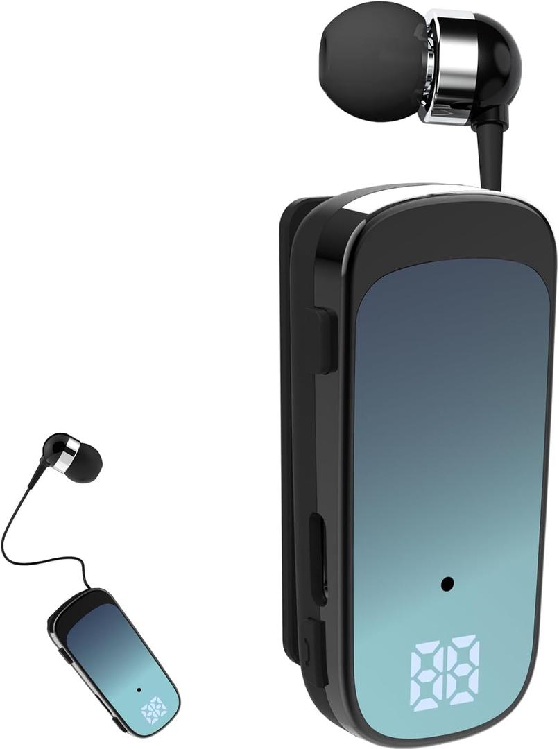 Retractable Wireless Headset Headphone Stereo Earphone V5.0 Noise Cancelling Mic Clip on Earpiece Comfortable HandsFree Headset 20Hrs Talking Time Sports Business Trucker Driver Earbud (Blue)