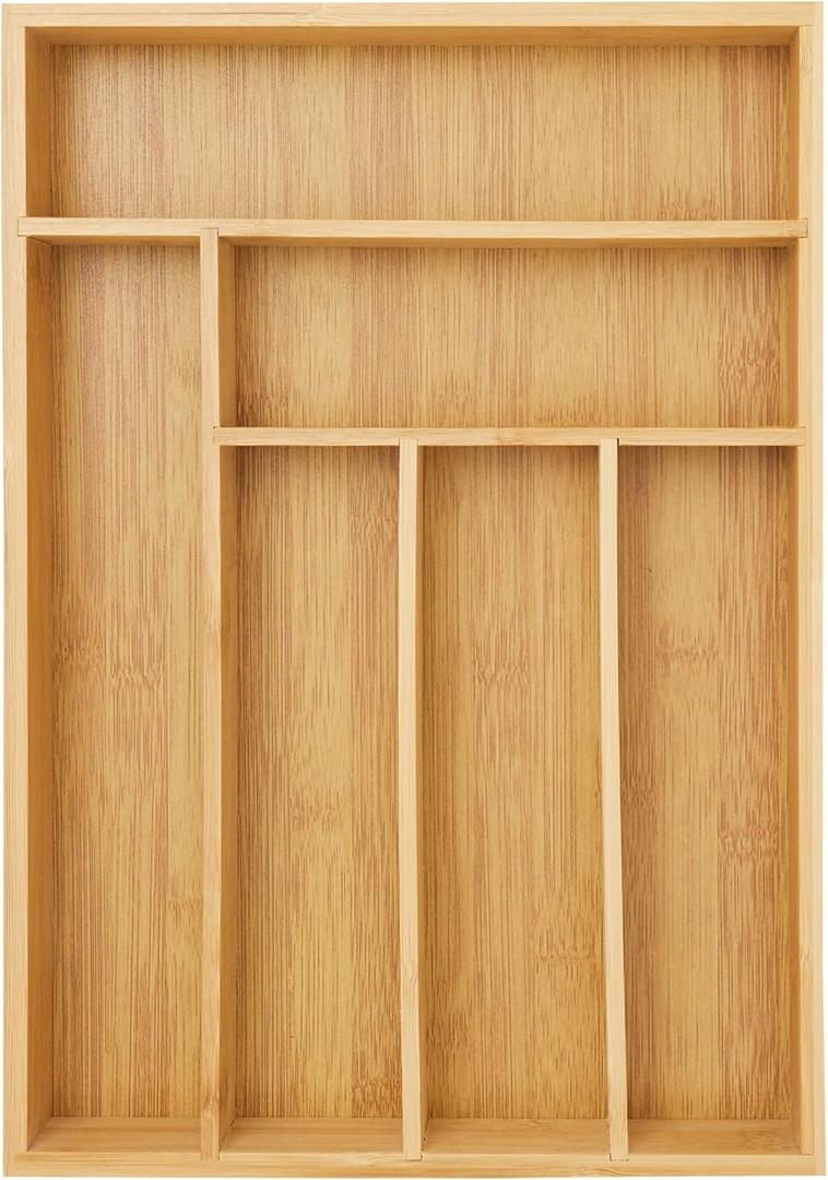 Juvale Bamboo Silverware Drawer Organizer with 6 Slots, Wooden Cutlery Tray Holder for Kitchen, Flatware, Utensils, 14.5 x 10.25 x 1.75 In