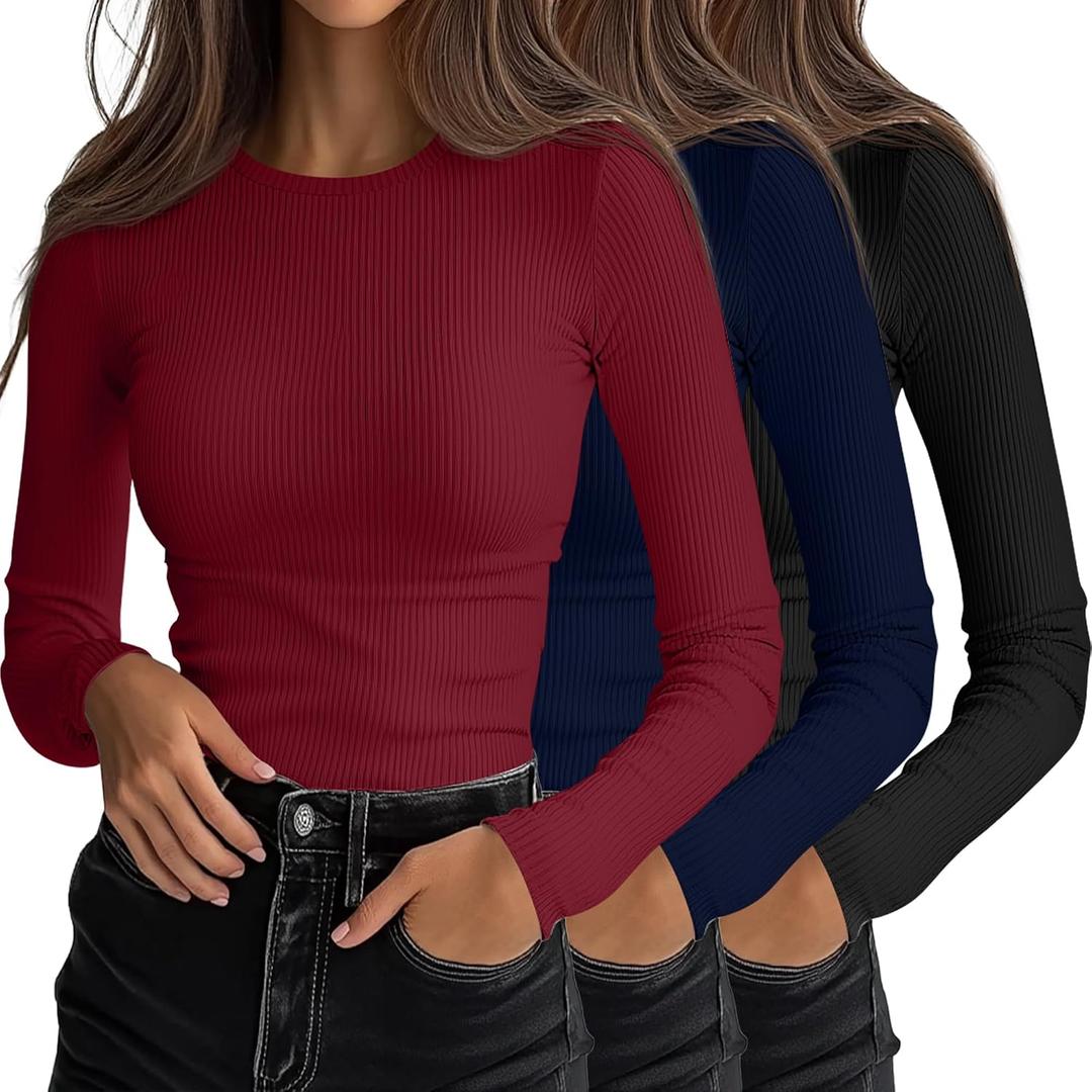 Ficerd 3 Pack Women's Ribbed Long Sleeve Tops, Crew Neck Slim Fit Undershirts Knit Basic Casual Stretch Layering Tee Shirts (L)