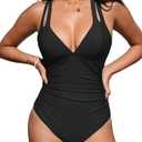 CUPSHE Women's One Piece Swimsuit Tummy Control Deep V Neck Double Straps Crisscross Back Tie Bathing Suit, M