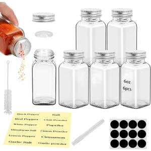 2Pcs 6oz Glass Spice Jars with Shaker Lids, Spice Jars Trial Set & Supplement Set, Empty Spice Containers and Square Spice Bottles for Kitchen (2)