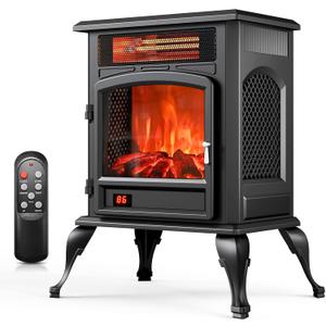 Electric Fireplace Stove Heater - Freestanding Electric Fireplace Heater with 3D Flame Effect, 1500W Infrared Electric Stove Heater for Indoor Use with Thermostat, Tip-over&Overheat Protection
