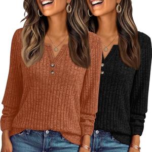 KILISU Long Sleeve Shirts for Women V Neck Lightweight Sweaters Fall Tops Tunic Cute Casual Loose Fashion Clothes 2025. M