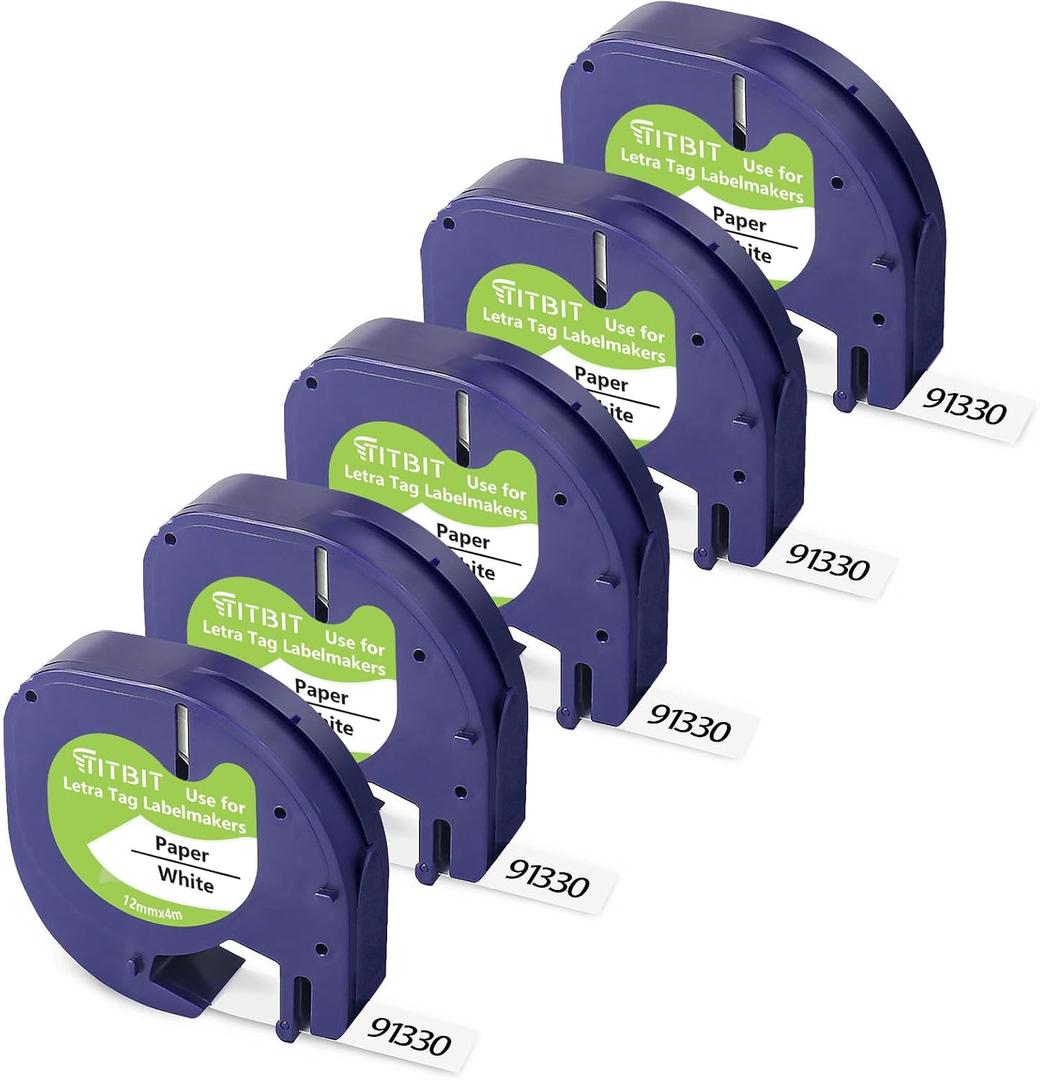 TITBIT 5-Pack 91330 White Paper Label Tape Compatible with DYMO LetraTag 200B Refills 1/2" x 13ft,10697 (S0721510), Black on White, for DYMO LetraTag Label Maker LT-100H,LT-100T,LT-110T,QX 50,XR,XM
