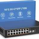 18 Port 2.5G Umanaged Ethernet Switch, 16 x 2.5Gb Base-T Ports, 2 x 10G SFP+, Compatible with 100/1000/2500Mbps, Metal Fanless, Desktop/Rack Mount YuanLey 2.5Gbe Network Switch for Wireless AP, PC