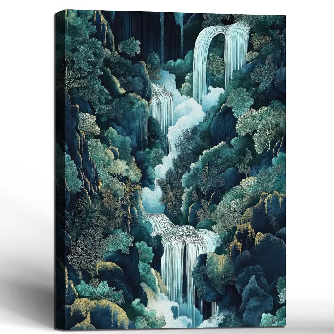 Framed Japanese Waterfall Canvas Wall Art Nature Style Painting Decor Waterfall Forest Gallery Print Home Bedroom Living Room Wall Hanging Poster Print 16x24 Inch Ready to Hang