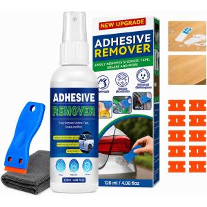 Adhesive Remover, Sticker Remover with Plastic Razor & Towel, 120ml Glue Removers for Removing Labels, Tapes, Gum, Wax and Sticky Residue, Powerful Super Glue for Floor, Windows, Walls, Cars