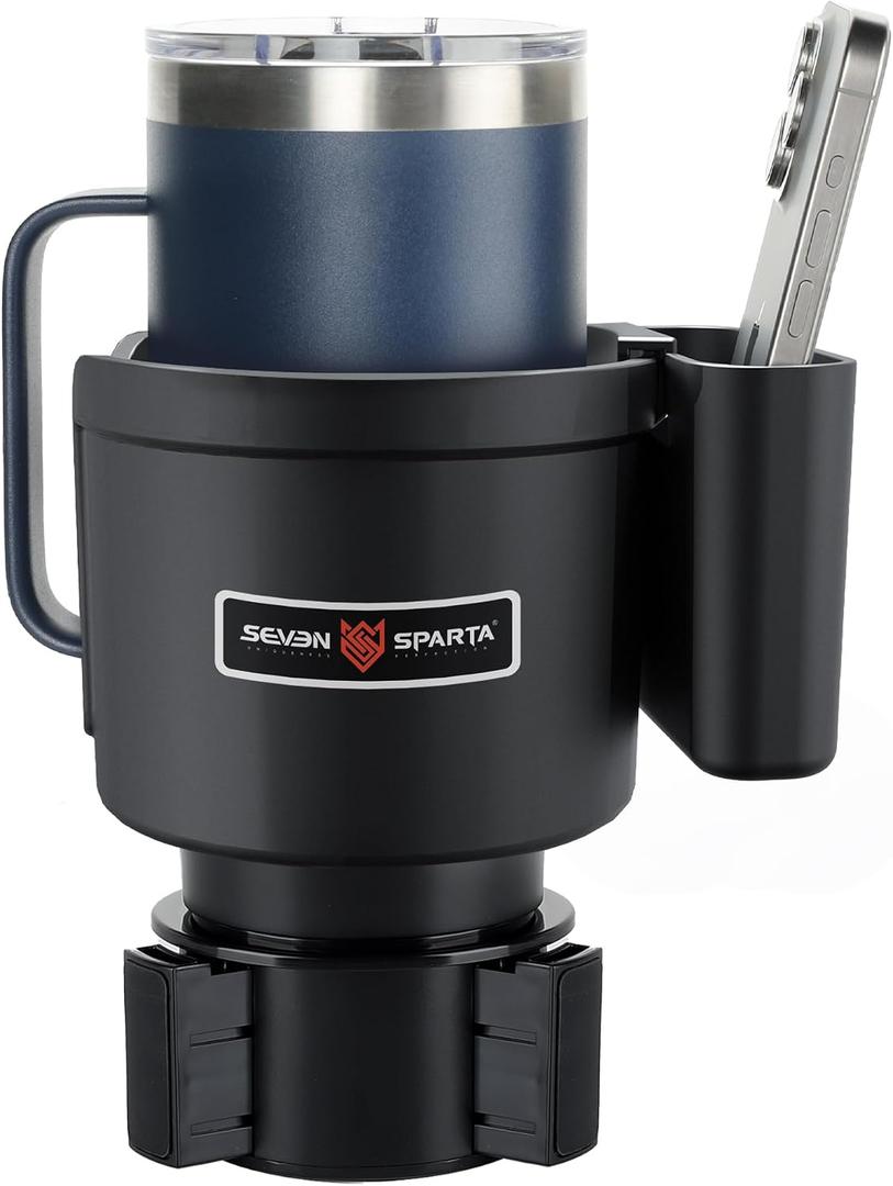 Seven Sparta Cup Holder Expander with Phone Holder & Cable Access, 3-in-1 Car Organizer, Side Storage Box for Phone/Cards, Compatible with Yeti, Owala, Hydro Flasks & Large Bottles Mugs in 3.5"-4.0"