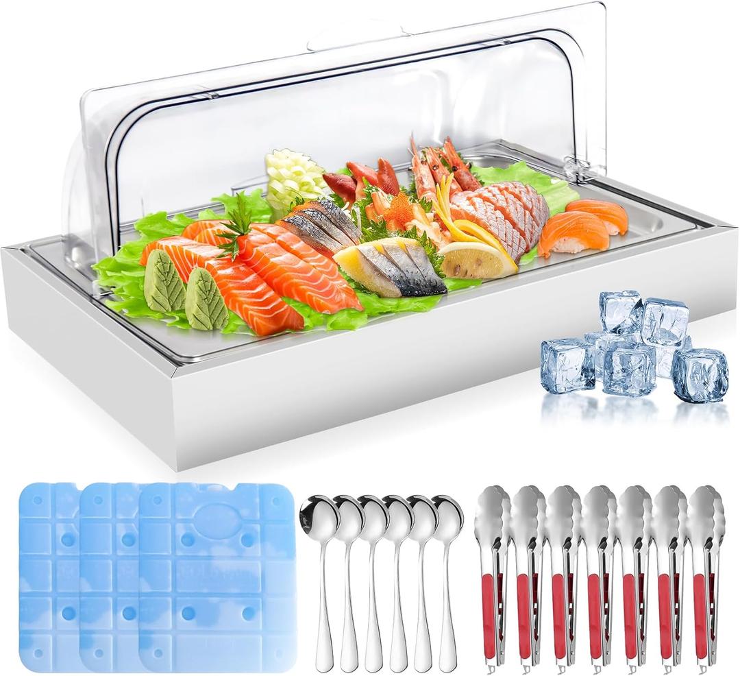 Ice Food Serving Display Tray, Portable Salad Bar Buffet Station for Home, Cold Food Buffet Server with Clear Roll Top Cover, Chilled Serving Trays for Parties, Hotel Kitchen,3 Ice Packs, 1 x 1 Pan