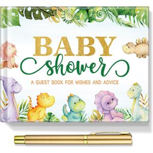 Dinosaur Baby Shower Guest Book Baby Shower Sign in Guest Book Reception with Baby Sonogram Page Keepsake Includes Gold Pen Table Card and Adhesive Photo Corner for Birthday