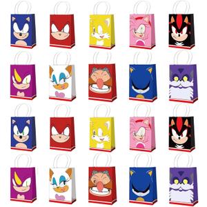 Treayes 20pcs Birthday Decorations Gift Bag,Cute Double Side Paper Goodie Bags with Handle, Hedgehog Styles Party Favor Paper Candy