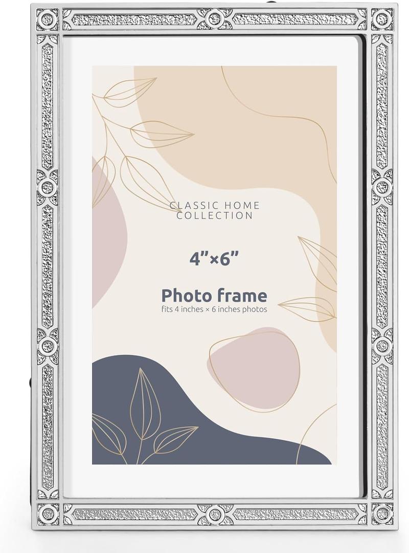 4x6 inch Picture Frame Design Vintage Style Metal Photo Frame with High Definition Glass Antique Display Holder for Tabletop (Silver-Antique)