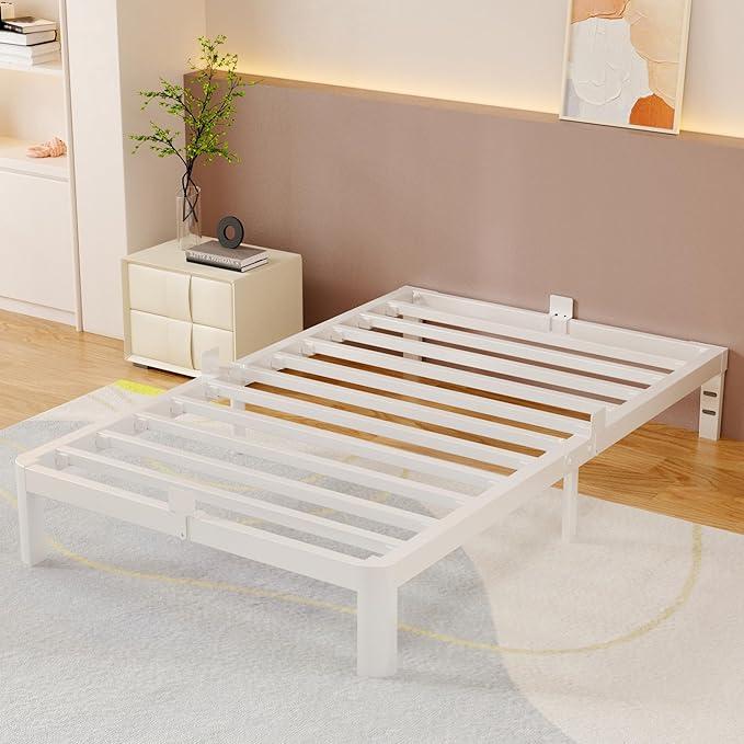 White 10 Inch Twin Bed Frames, Metal Bed Frame Twin Size with Anti-Slip Baffles, No Box Spring Needed, Rounded Corner Legs, Heavy Duty Steel Platform Support, Noise Free, Storage Space
