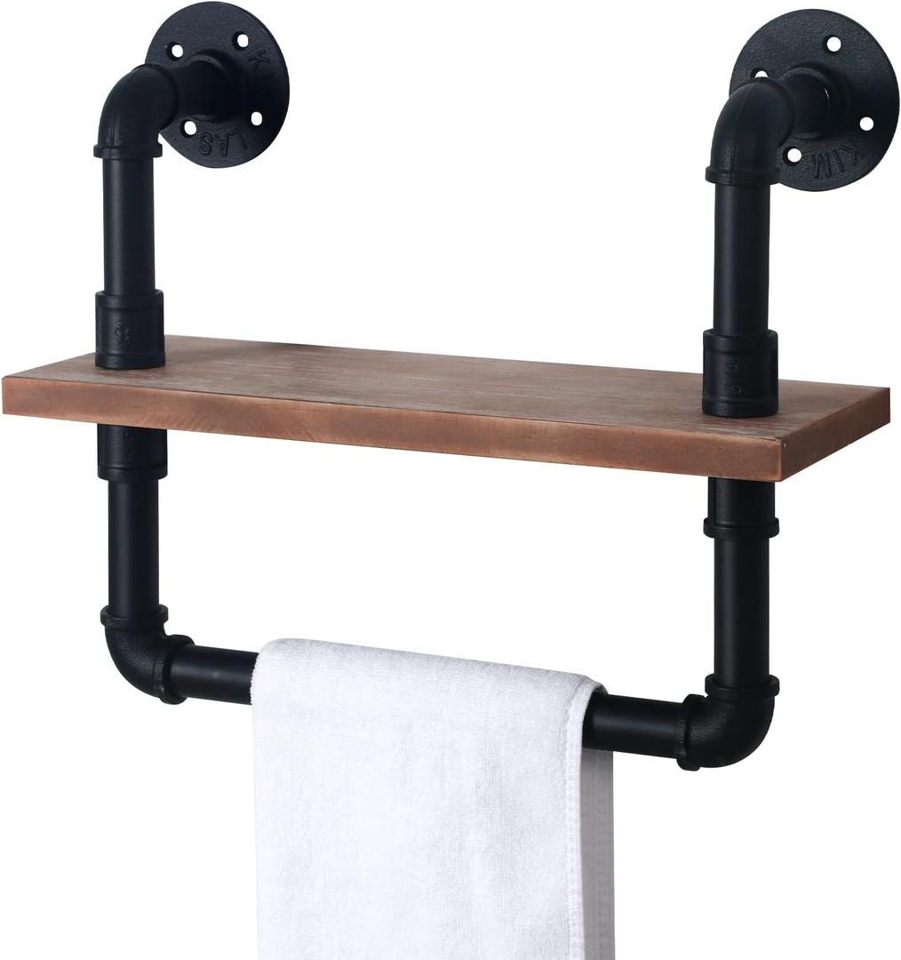 HouseAid Industrial Pipe Shelf with Towel Bar, 15-3/4 Inch Farmhouse Iron Pipe Shelving, Rustic Vintage Style Floating Shelves for Bathroom, Wall Mounted, Matte Black