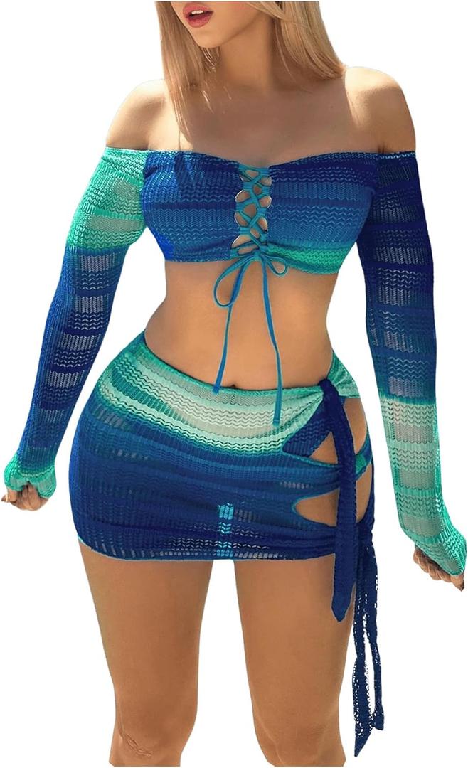 SOLY HUX Women's 3 Piece Bathing Suit Gradient Off Shoulder Long Sleeve Swimsuit Bikini Sets with Beach Skirt (Blue, L)