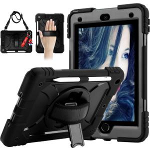 for iPad 9th/8th/7th Generation Case,iPad 10.2 Case 2021/2020/2019, with Cute Key Chain, Rugged Protective Case with 360Rotating Stand & Shoulder Hand Strap & Pen Slot for 10.2 Inch (Black)