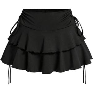 Women's Y2k Mini Ruffle Skirts with Shorts Tiered Layers Cute Elastic Waist Coquette Skort Drawstring Side Bow Tie, XL