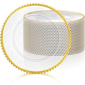 Hoolerry 12 Pack Clear Charger Plates Bulk 13 Inch Plastic Round Beaded Dinner Chargers Acrylic Frosted Grain Decorative Service Plates for Wedding Party Event, Home and Kitchen Tabletop (Gold)