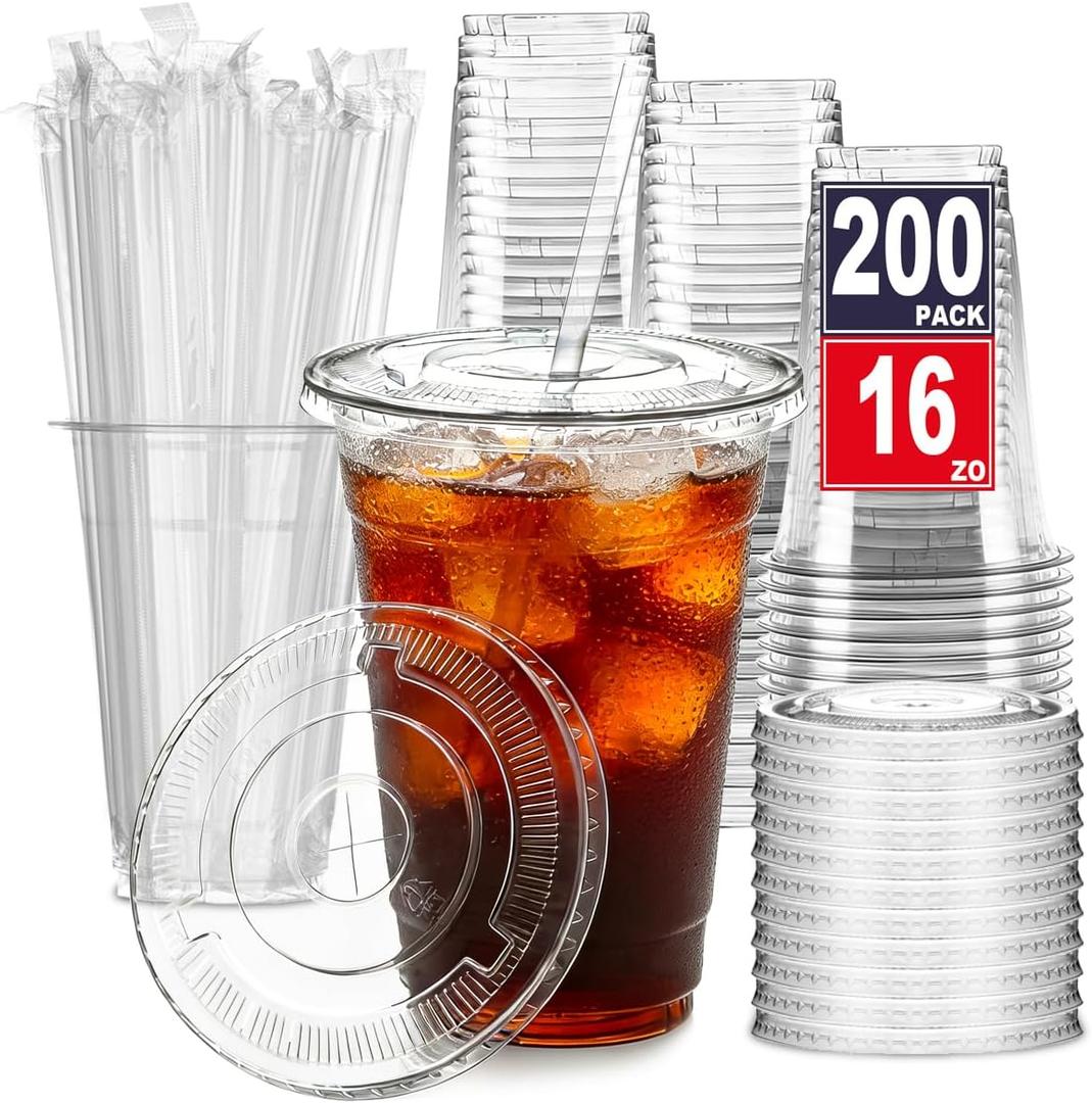 ARTLYMERS 200 Pack - 16 oz Clear Plastic Cups with Lids and Straws, Disposable Iced Coffee Cups with Lids for Cold Drinks, Crystal To Go Smoothie Cup, Milkshakes, Juices, Coffee Accessories