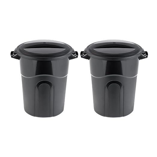 United Solutions 20 Gallon Round Waste Container, Black, Easy to Carry Garbage Can with Sturdy Construction, Pass-Through Handles & Attachable Click Lock Lid, Indoor or Outdoor Use, 2-Pack, (TI0087)