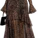 GothDark Womens Floral Maxi Dress Sheer Mesh Bell Sleeve Tiered Ruffle Gothic Romantic Casual Long Dresses (Medium, Leopard Print)