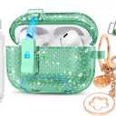 for Airpods Pro 2nd/1st Generation Case Shining Green with Lock&Bling Keychain for Women&Girly,Cute Soft TPU Clear Cases Cove for Airpods Pro 2 Case with Cleaning Kit,Phone Holder Function