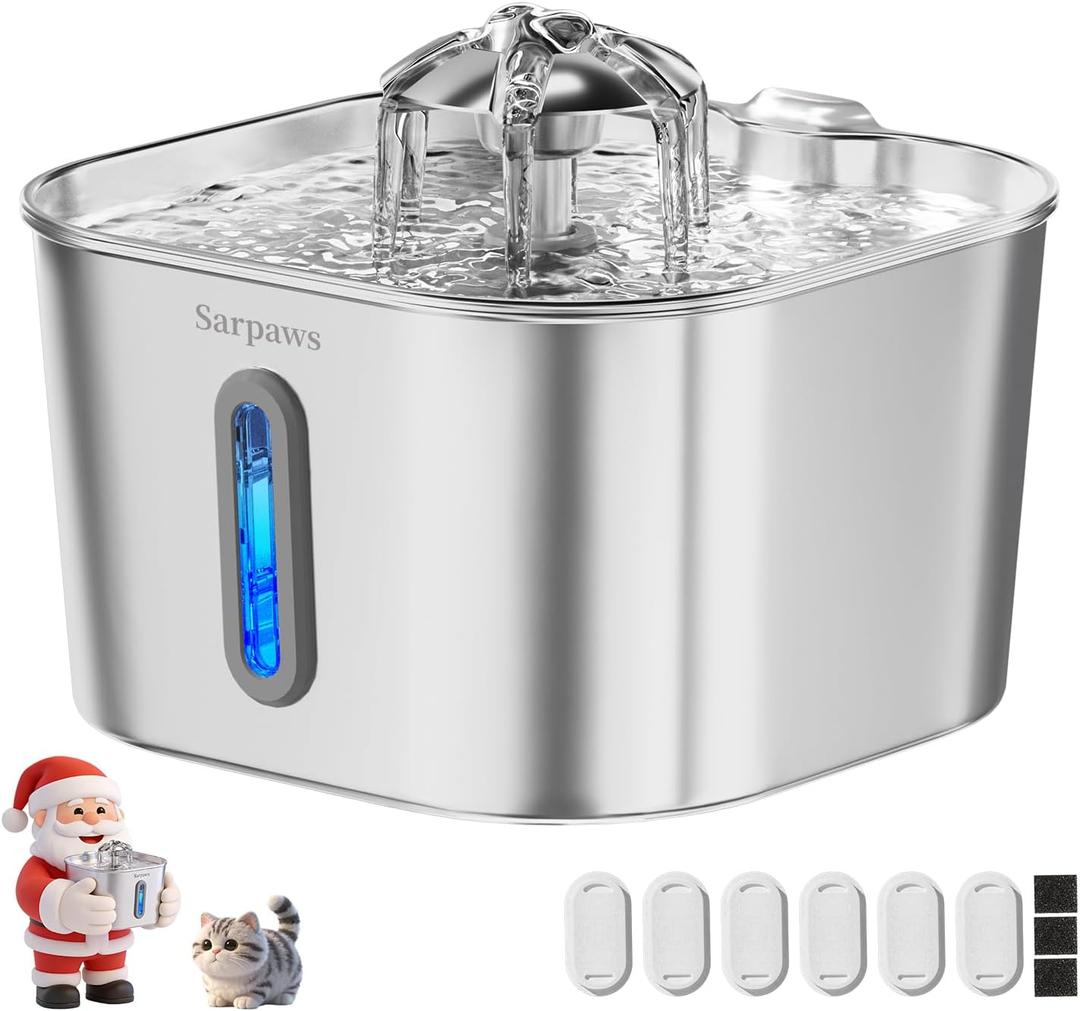 Cat Water Fountain Stainless Steel74oz/2.2L SARPAWS Water Fountains for Cats Indoor, Cat Fountains for Drinking, Ultra-Quiet, Water Level Window, Pet Water Fountain - 6 Filters + 3 Sponges
