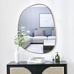 ELEHUME Asymmetrical Mirror for Wall Decor 27"*35", Modern Brass Framed Wall Mirror for Living Room Bathroom Bedroom Entryway ELE-STOU-0063G