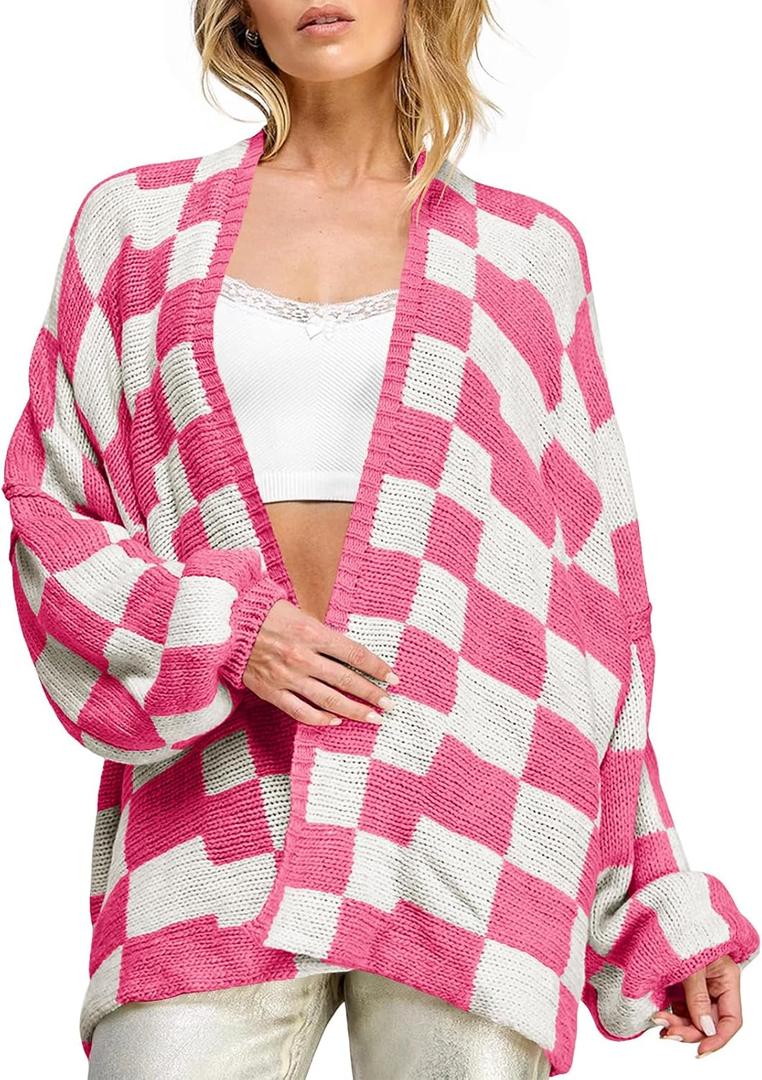 Saodimallsu Womens Checkered Oversized Cardigan Sweaters Color Block Chunky Open Front Lantern Sleeve Plaid Knit Coats (Medium, Rose)