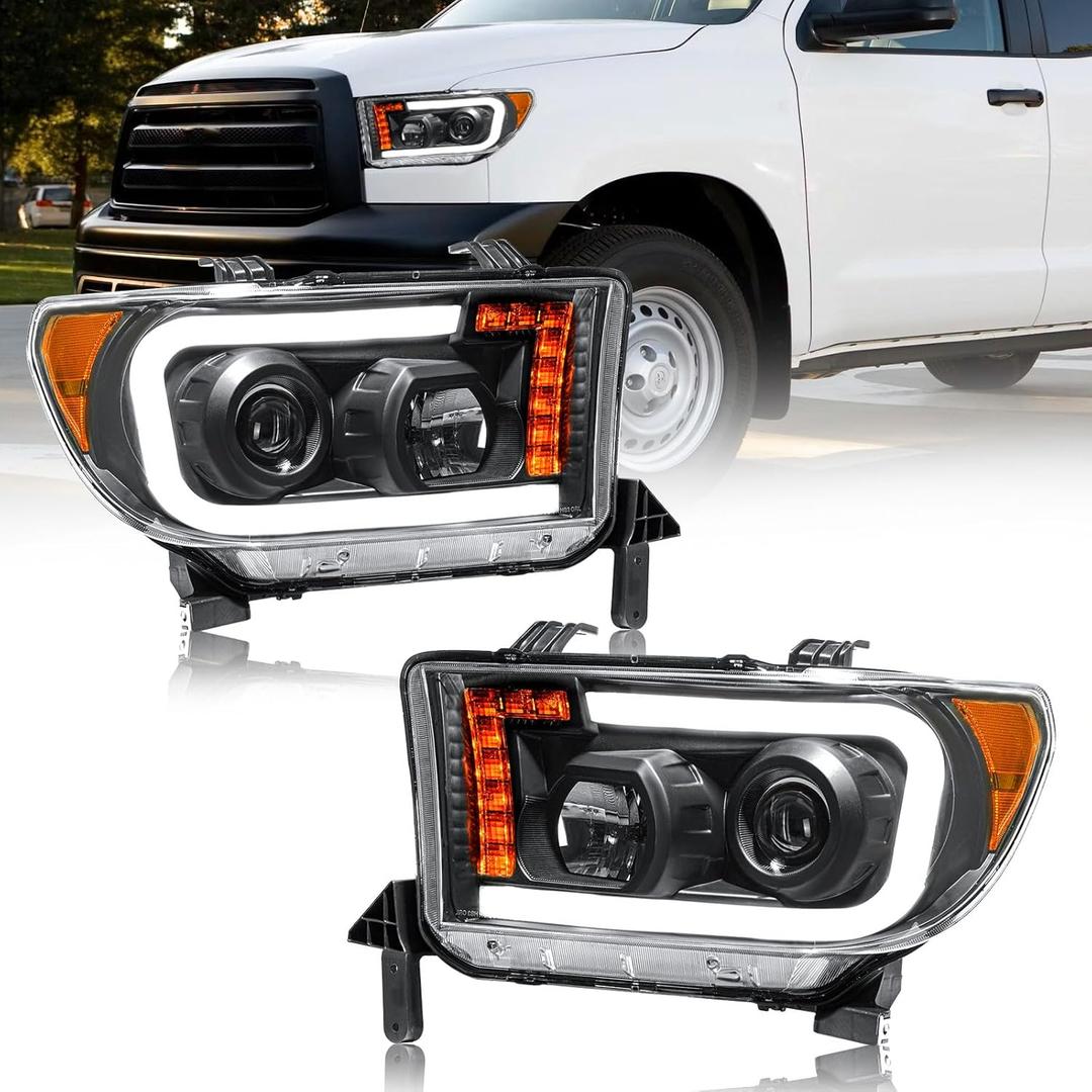 Headlights Projector for 2007-2013 Toyota Tundra Headlights w/LED DRL Compatible with 2008-2017 Toyota Sequoia 2 Headlamps Black Housing Amber Reflector