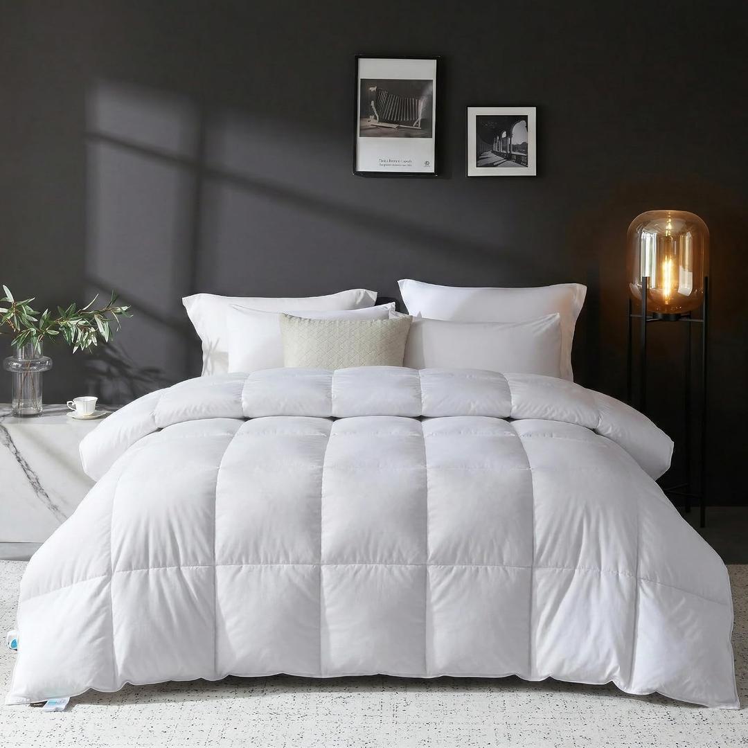 L LOVSOUL Goose Feather Down Fiber Comforter King Size, 100% Organic Cotton Fabric Duvet Insert,1200TC,750+Fill Power, Hotel Collection, Light Weight White Bedding Comforters with 8 Tabs