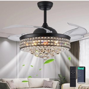 36" Dimmable Black Fandelier Ceiling Fans with Lights and Remote Modern Retractable Blade Chandelier Ceiling Fan for Bedroom Dinning Room Living Room
