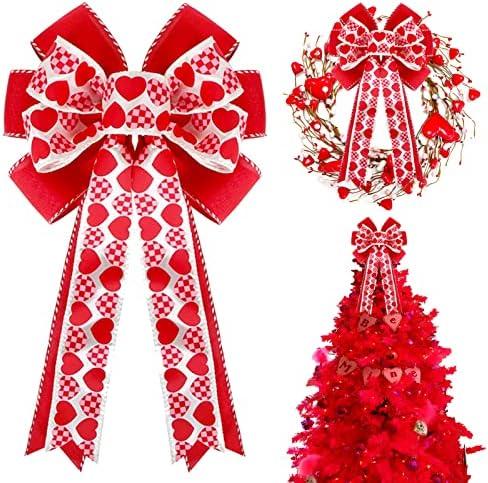 Valentines Day Tree Decorations, Valentine Tree Topper Bow with Red and Pink Heart for Valentines Day Wreath Wedding Holiday Party Wall Home Front Door Outdoor Decor, Pack 4