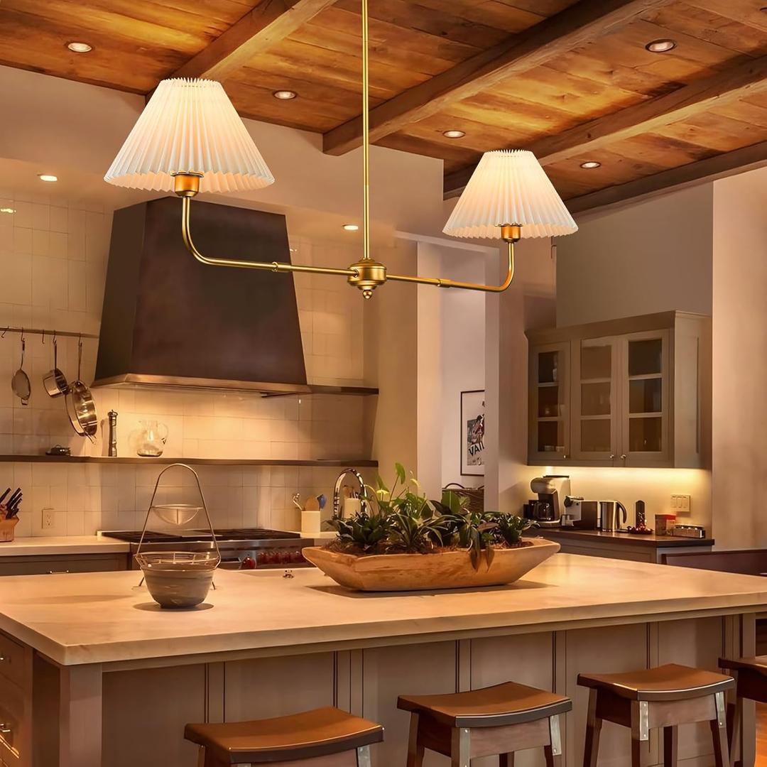 Gold Chandelier, 55" Modern Linear Chandelier for Dining Light Fixture, 2-Lights Dining Light Fixtures with White Fabric Shade Linear Pendant Light Kitchen Island for Restaurant, Living Room Gold Chandelier, 55" Modern Linear Chandelier for Dining Light Fixture, 2-Lights Dining Light Fixtures with White Fabric Shade Linear Pendant Light Kitchen Island for Restaurant, Living Room