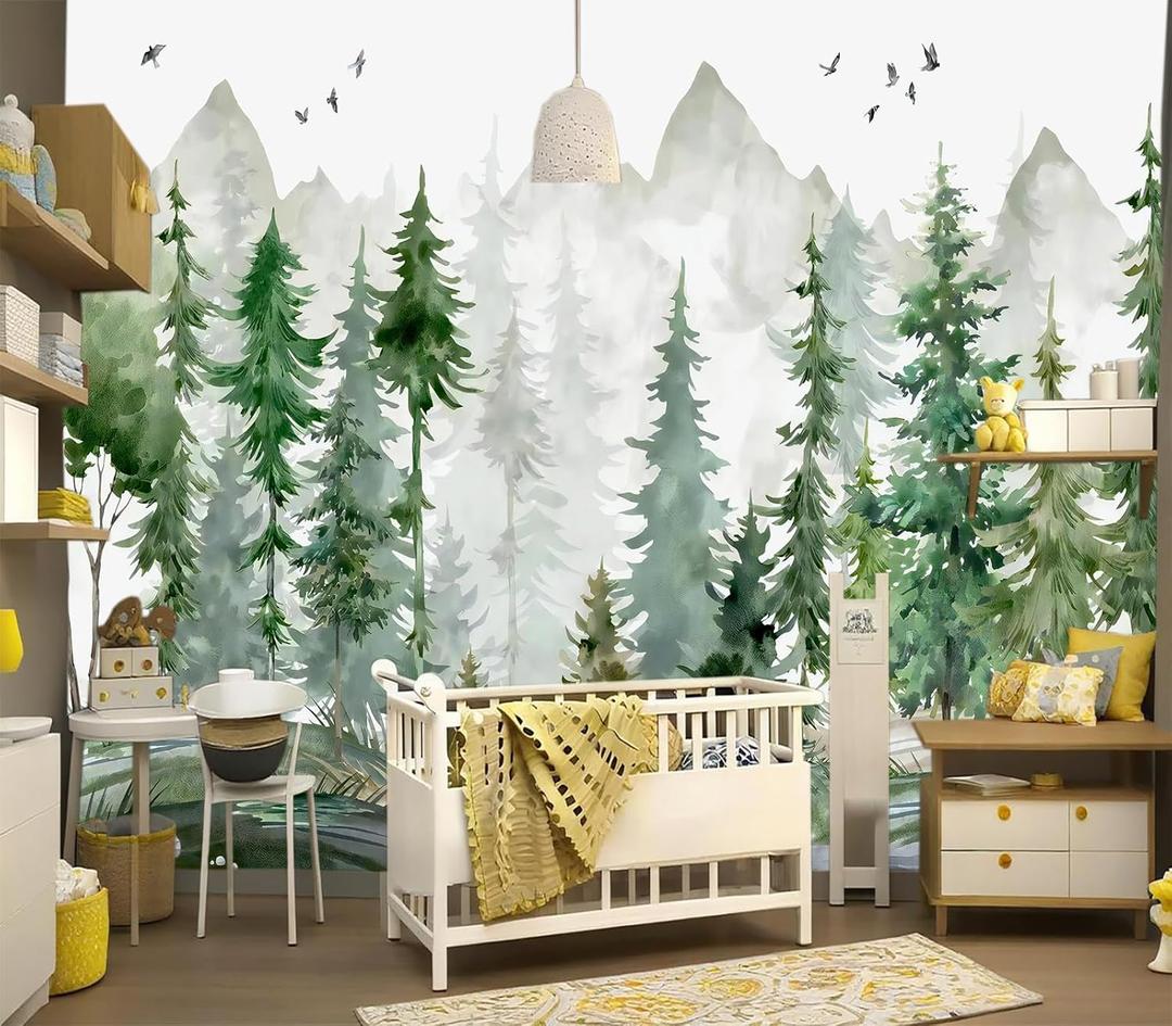 Peel and Stick Nursery Forest Wallpaper Watercolor Pine Tree Mural, Color Yh01, Size: 137"x96"