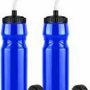 QuiFit Lacrosse Water Bottle with Long Straw -32oz Hockey Water Bottle 2 Pack with 2 Lids Each- BPA Free Squeeze Sports Water Bottles, Leakproof Dishwasher Safe- for Helmet,Lacrosse (Blue)