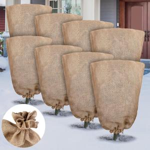 8 Packs Winter Burlap Plant Covers Bags 23.6 x 39.4 Inch Large Burlap Sack Plant Blanket with Drawstring Reusable Warm Plant Frost Cloth Cold Freeze Blanket for Outdoor Fruit Tree Potted Plants