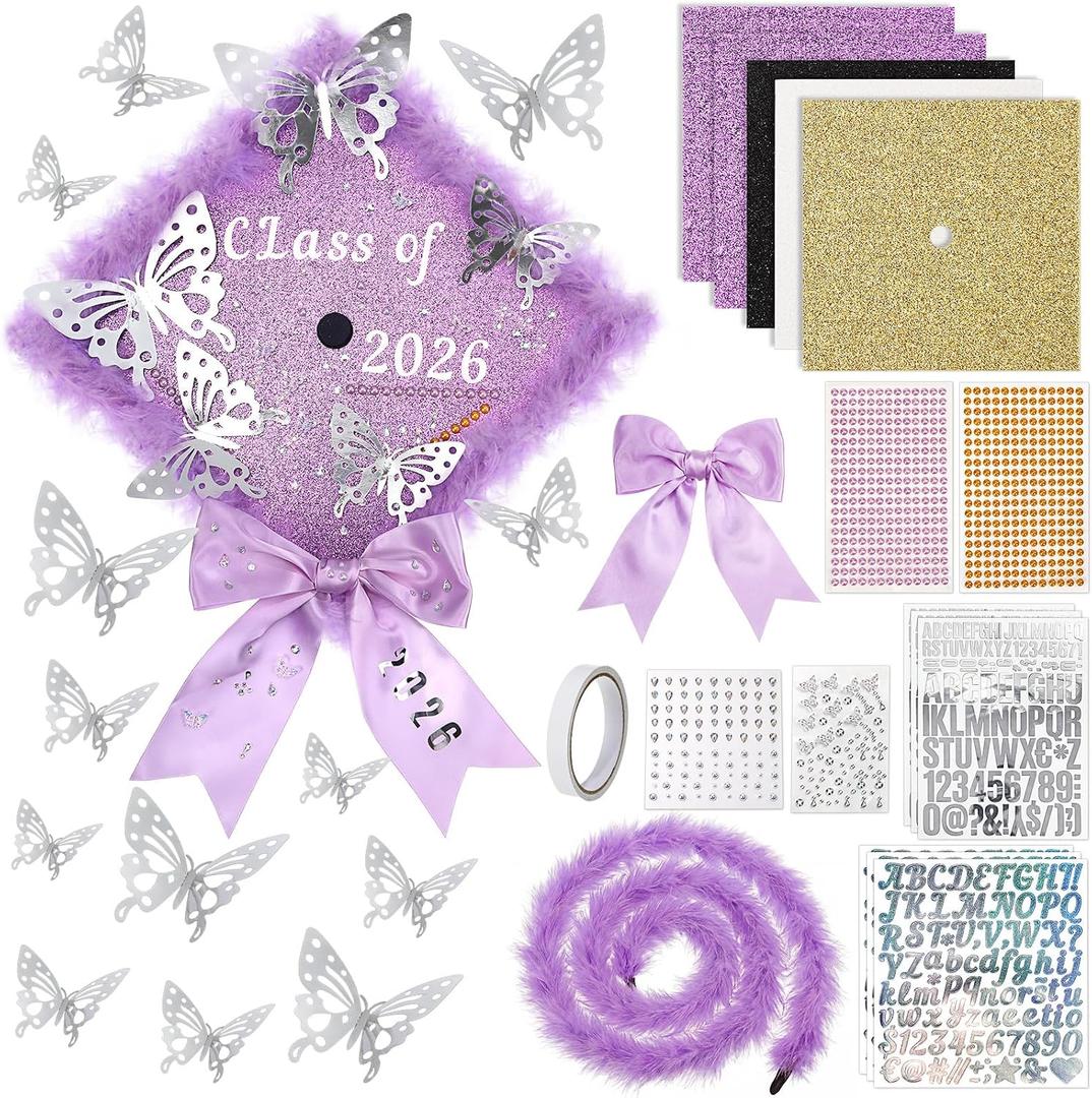 Wavwavw 30 Pcs DIY Graduation Cap Decorations Kit Grad Hats Decor Included 3D Artificial Butterfly Bow Glitter Paper Plush Alphabet Letter Stickers for 2026 DIY Grad Cap Decorations(Purple)