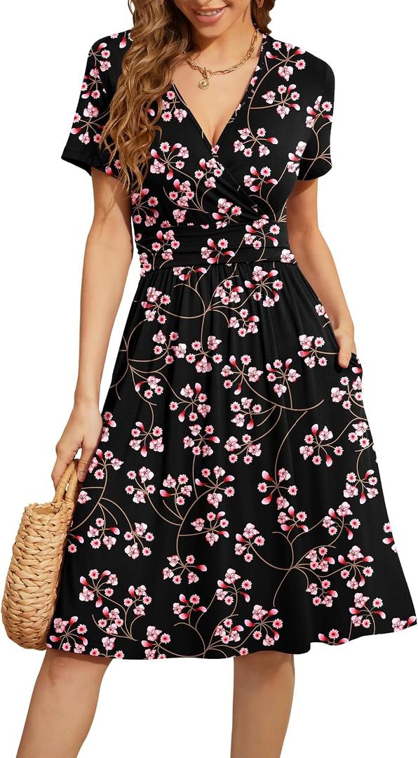 WEACZZY Women's Summer Short Sleeve Casual Dresses V-Neck Floral Party Dress with Pockets (L)