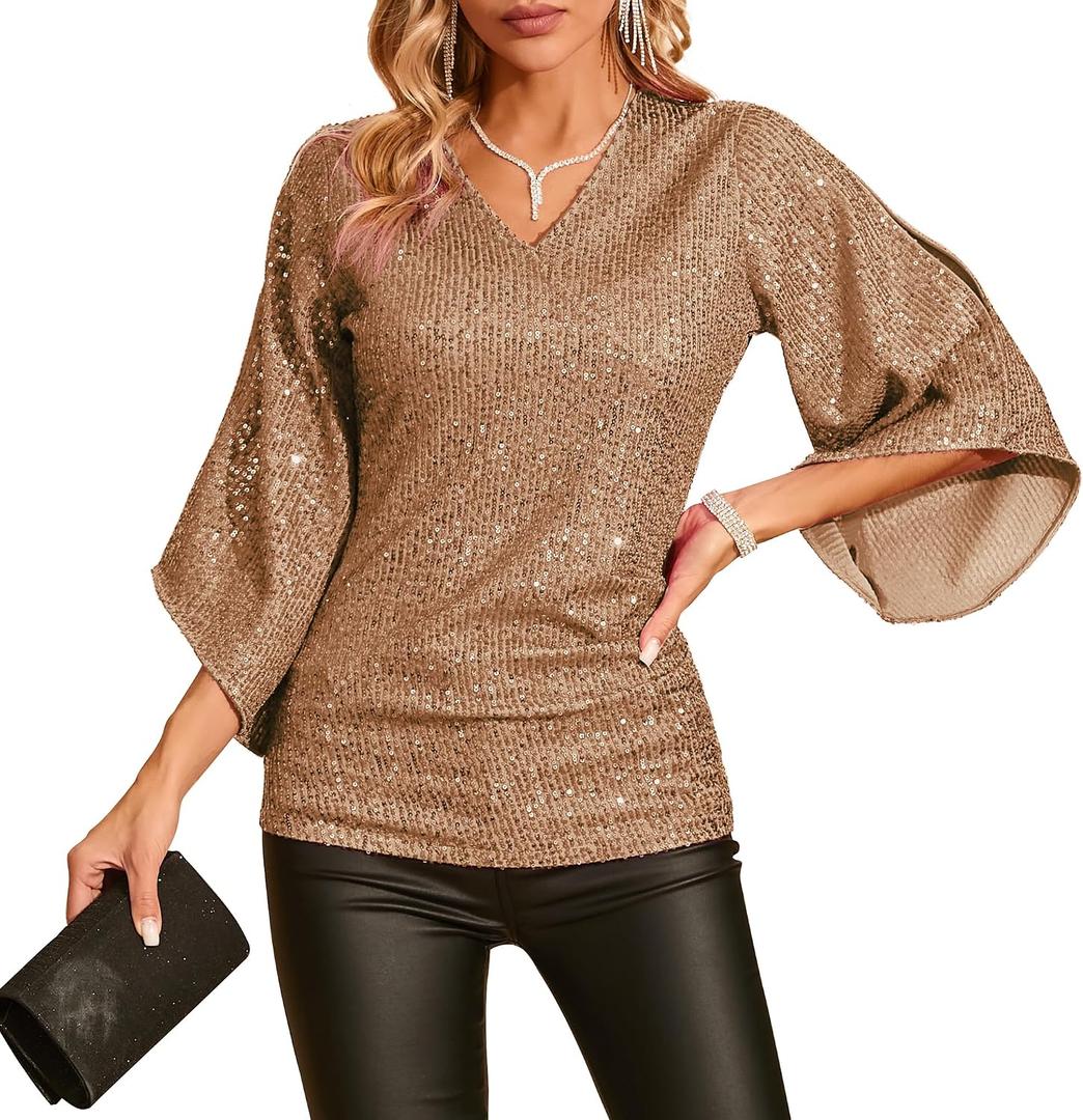 Womens Sequin Top 3/4 Sleeve Sparkly Shirt Glitter V-Neck Dressy Blouse for Evening Party Night (L)