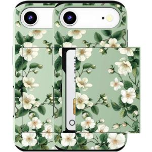 Compatible for iPhone 17 Air Case with Card Holder Cute - Kawaii Design Military-Grade Drop Protection Rugged Wallet Cases for Women (Green Magnolia Flowers Florals)