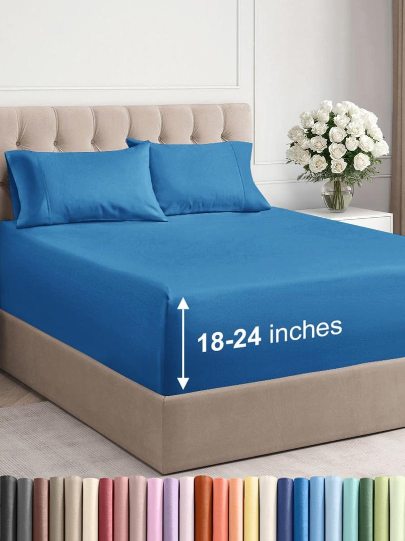 Extra Deep Pocket Queen Sheet Set - 4 Piece Breathable & Cooling Bed Sheets - Hotel Luxury Sheet Set - Soft, Wrinkle Free & Comfy - Easily Fits Extra Deep Mattresses - Deep Pocket Denim Blue Sheets