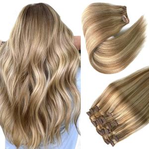 Golden Blonde Balayage Highlights Clip in Hair Extensions - Real Human Hair, 7pcs 70G, 22 Inch Double Wefts